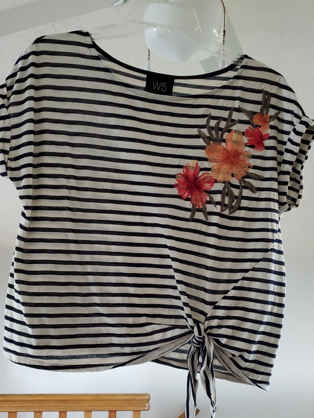 W5 Navy and White Striped Tie-Front Crop Top with Orange & Red Floral Embroidery